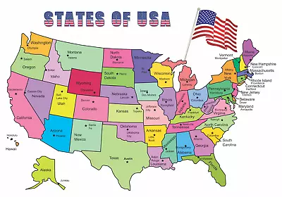 LAMINATED POSTER Learning Kids School Nursery States Of USA America Map 50 • £6.49