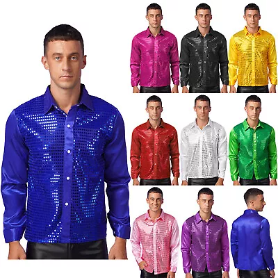 Mens Sparkly Dance Shirts Sequins Button Down Long Sleeve Jazz Disco Dance Tops • $6.15