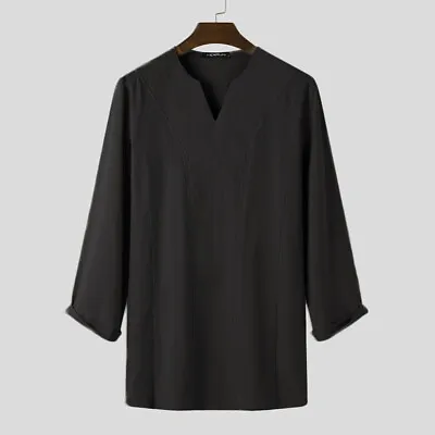 Men Long Sleeve V-Neck Cotton Linen Ethnic Kurta Shirt Short Kaftan Top T Shirts • $17.76