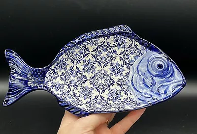 Portugal Pottery Fish Platter Hand-Painted 10”x 6” Signed Footed Blue & White • $39.99