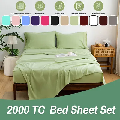 $24.69 • Buy Soft 2000TC Bed Fitted Flat Bed Sheet Set Single/Double/Queen/King/KS Size