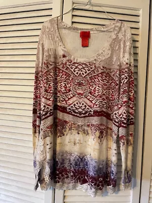 V Cristina Tunic Top Lace Trim Long Sleeve Scoop Neck Stretchy Size XL • $13.88