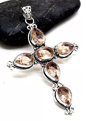 925 Sterling Silver Morganite Gemstone Handmade Jewelry Cross Pendant S-3.10 • $10.91