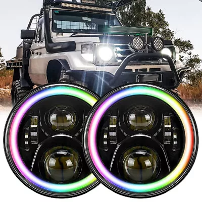 Pair 7  LED Headlights RGB Halo DRL For Toyota Landcruiser HZJ75 78 79 Series • $132.95