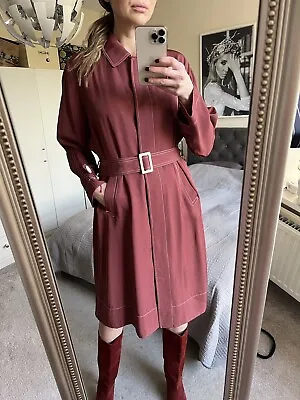 BNWT Massimo Dutti Belted Trench Coat Mac Size Large NEW Midi Berry Red Modern • £37.28