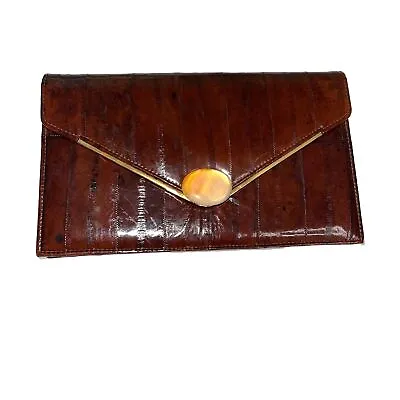 Vintage Womens Clutch Brown Eel Skin Print Chain Gold Hardware Shoulder Bag • $52.21