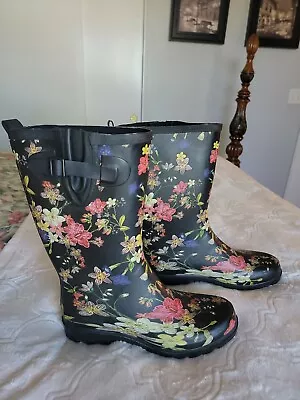 Merona Women’s Black Floral Houndstooth Mid Calf Rubber Rain Boots Sz 9 • $18.50