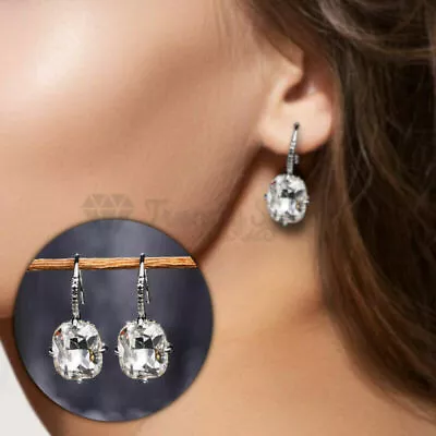 £4.99 • Buy Classic Square Cut Solitaire Diamond Stone Dangle Silver Drop Fashion Earrings