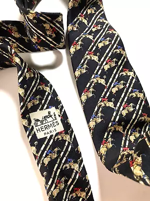 Hermes Vintage Racing Horse Jockey Tie Riding Regimental High End France Black • £100.41