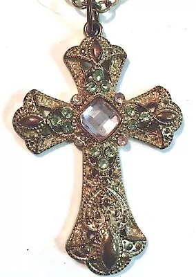 Vntg Classic Gold Green Peridot Pink Rose Quartz Copper Cross Crucifix Necklace • $39.99