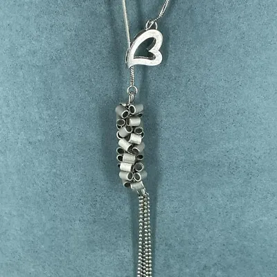 925 Sterling Silver Necklace Lariat Heart Adjustable Modernist Tassle Pendant • £25