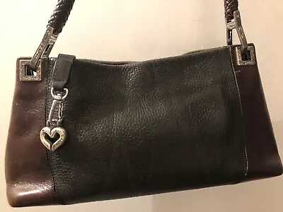 BRIGHTON Leather Hobo Handbag Black/ Brown Braided Rope Strap Inside Pocket • $43.90