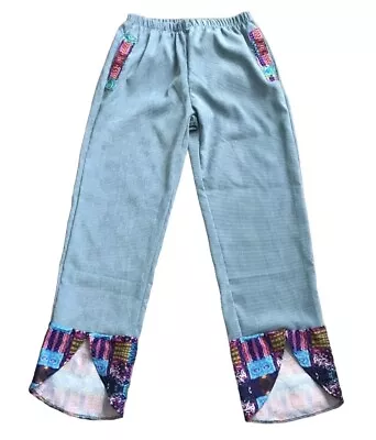 Womens Size Medium Blue Corduroy Pull On Pants Tribal Print Accent 27.5  Inseam • $15.19