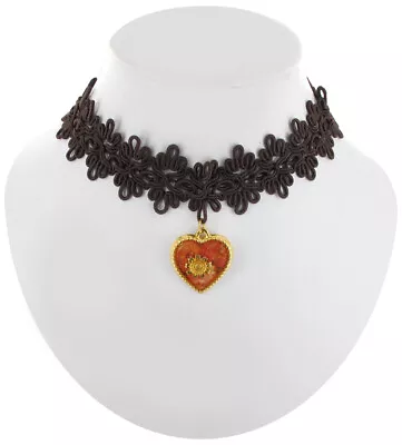 Steampunk Brown Lace Choker Necklace Floral Heart Pendant 15  • $9.59