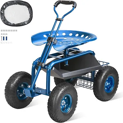 VEVOR Rolling Garden Cart With Seat And Wheels Extendable Steer Handle Blue • $84.06