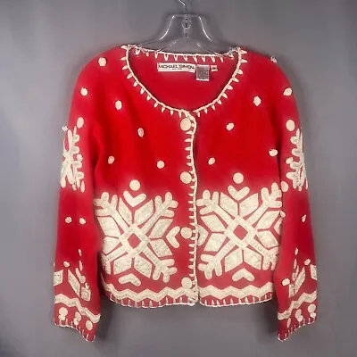 Vintage Michael Simon Cardigan Womens M Red White Snowflake Sweater Embellished • $54.97