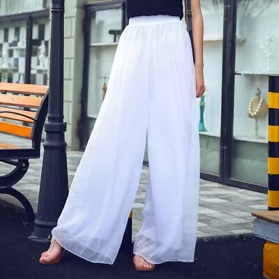 Women Beach Flared Pants Wide Leg Chiffon Trousers High Waist Maxi Culottes • $14.40