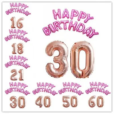 Pink + Hearts Helium Happy Birthday Balloon Set Rose Gold Number Age Party Uk   • £6