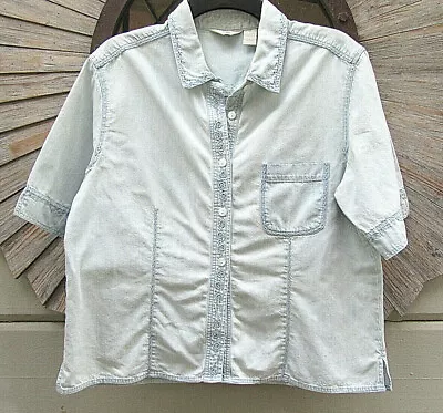 J. Jill Wms M Light Blue 100% Cotton Denim SS Camp Blouse Embroidered Accents • $21.99