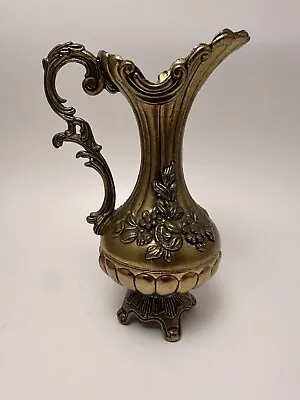 Vintage Italian Floral Embossed Metal Pitcher / Vase Decor Footed Made In Italy • $8