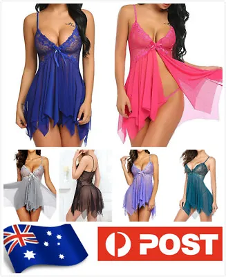 $14.99 • Buy Lace Nightdress Lingerie MINI Dress&G-String 2 Pcs Set Sleepwear Babydoll Hos029