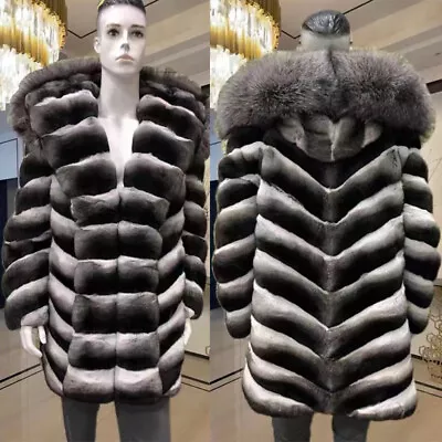 Fashion Men Real Chinchilla Color Rex Rabbit Fur Coat Hooded Fox Fur Trim Winter • $823.65