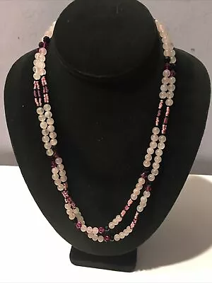 Vintage Rose Quartz Micro Beads And Black & Cranberry Crystals Necklace 20  • $19.99