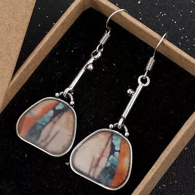£5.99 • Buy Silver Vintage Ethnic Boho Drop Dangle Earrings Green Orange Stone UK Seller