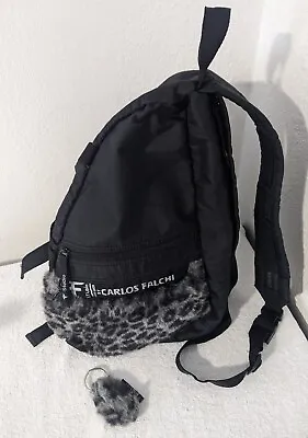 Carlos Falchi Black Animal Print Fur Backpack Sling Bag W/ Lucky Rabbit's Foot • $39.99