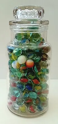 Vintage Large Job Lot Of Glass Marbles In A Lidded Glass Jar Mixed Collection • £21