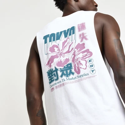 £8.50 • Buy River Island Mens Tank Top Japanese White Sleeveless Print Vest Tee T-Shirt