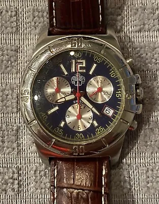 Sug Swiss Made Chronograph Blue Dial SS Mens Watch 3759-536 New Battery • $50