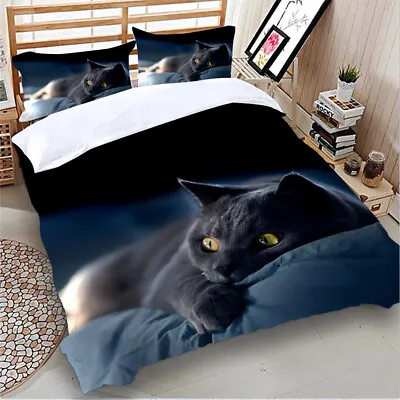 £20.99 • Buy Black Cat Duvet Cover With Pillowcase Animal Bedding Set Single Double King Size
