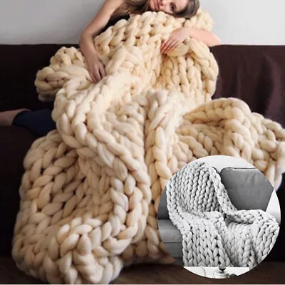 Soft Chunky Thick Blanket Handwoven Wool Throw Sofa Blankets Large Cable Knitted • £17.95