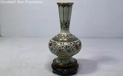 Vintage Chinese Cloisonne Vase Home Decorative With Affixed Wood Stand 12 In • $29.99