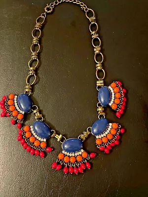 J.CREW Gold Tone FAN FRINGE Statement Necklace Purple/Hot Pink/Neon Orange  • $26