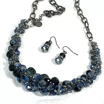 Vera Wang Blue Black Crystal Bead Jewelry Set Necklace Dangle Earrings Gunmetal • $21.95