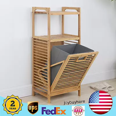 Bamboo Bathroom Laundry Hamper Cabinet Tilt Out Basket Storage W/2-Tier Shelf • $68