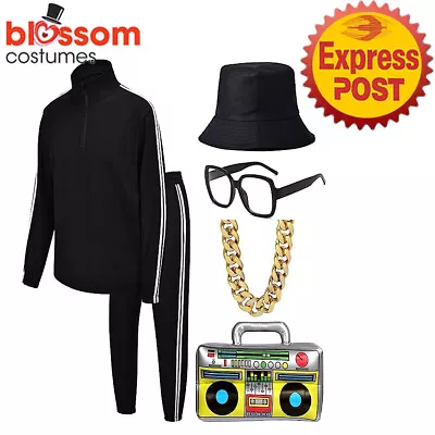 N1044 Black Rapper Mens 80s 90s Sweat Tracksuit Costume Hat Glasses Necklace • $54.95