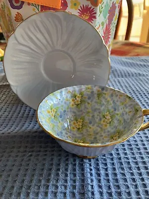 Rare Vintage  Shelly  Pale Blue & Yellow Primrose Chintz Tea Cup & Saucer #13588 • $125