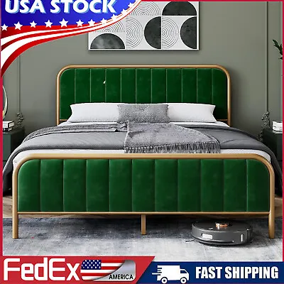 Velvet Upholstered Full Queen Size Bed Frame With Headboard Heavy Duty Platform • $169.99