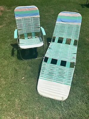 2 Vintage Folding Aluminum Chaise Lounge Lawn Beach Chair Vinyl Tubing Set Green • $99.99