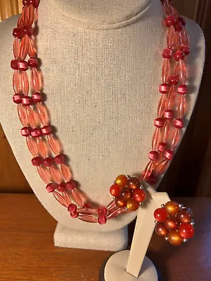 Vintage KARU ARKE Pink & Red 3 Strand Beaded Necklace & LISNER Clip Earrings • $40