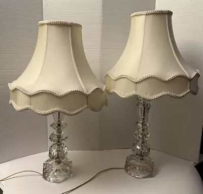 Pair Of Vintage Regency Faceted Cut Crystal Table Lamps W/ Grabell Shades • $189.99