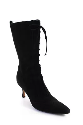 Manolo Blahnik Womens Black Suede Wingtip Lace Up Zip Midi Boots Shoes Size 6.5 • $150.01