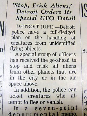 1973 Newspaper OUTER SPACE ALIENS From UFO 2B FRISKED By Police DETROIT Michigan • $30