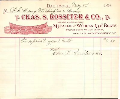 Chas Rossiter Co Baltimore MD 1890 Billhead Wooden & Metal Life Boats Vignette • $18.69