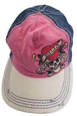 Vintage Ed Hardy Pink Trucker Hat Colorway With Skull And Red Heart Love • $22