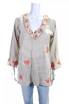 Barbara Gerwit Women's Linen Long Sleeve Beaded Embroidered Tunic Beige Size S • $42.69