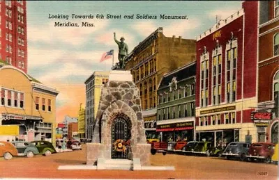 Linen Postcard Meridian Mississippi MS Street View Soldiers Monument Coca Cola • $6.75